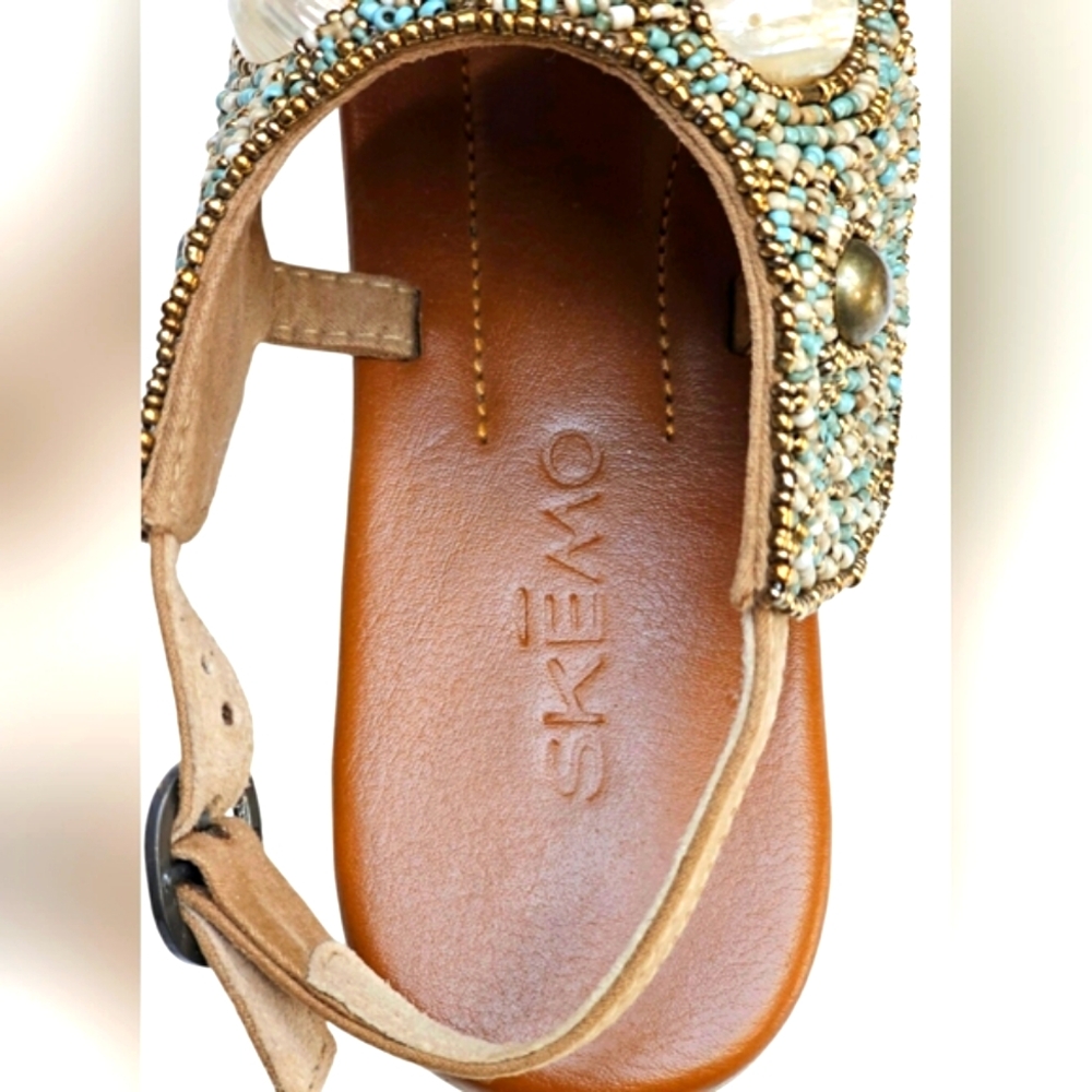 Skemo Luxury Bead Embroidered Tan Turquoise Ankle Strap Sandals Shell Details - Picture 12 of 13